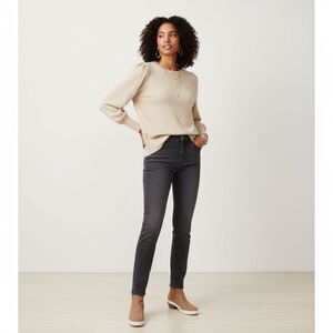 Belle Kim Gravel Womens M Beige Knit Round Neck Balloon Sleeve Top